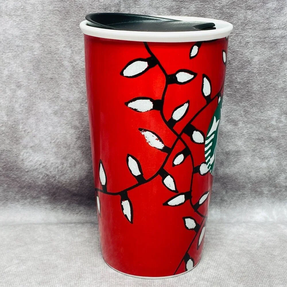 Starbucks 12 fl oz Red Holiday Tumbler Christmas Lights  2016 Green Mermaid Logo